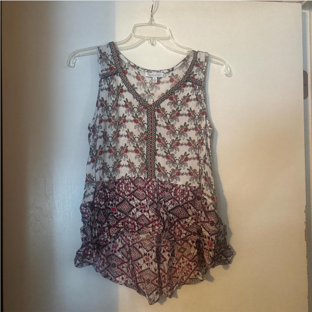 Patrons of Peace Ruffled Asymmetrical Tank Top White and Red
